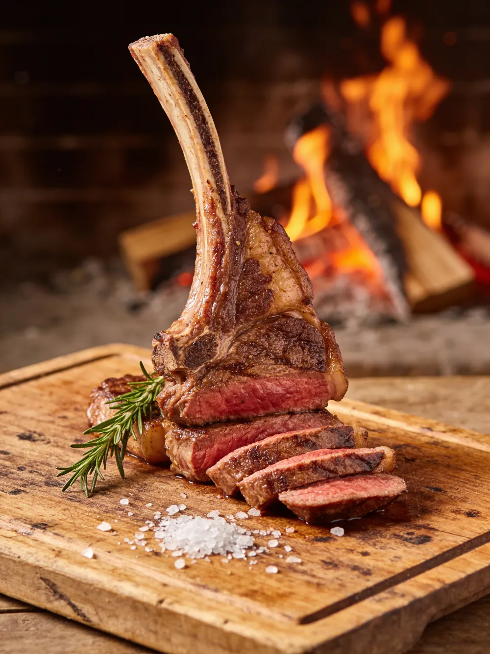 Carne alla brace di quercia, tagliata al sangue sul tagliere