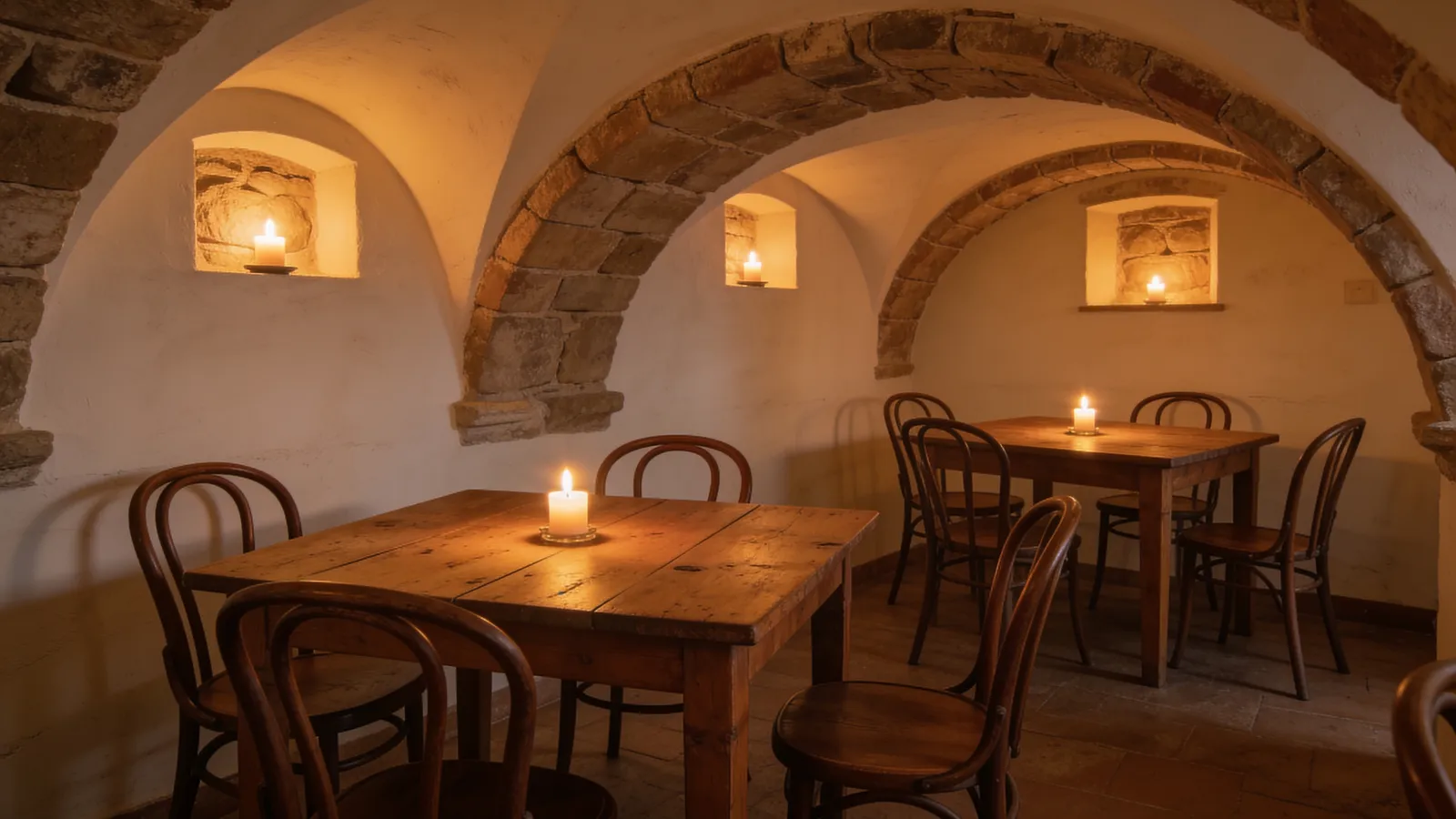 La sala grande sotto le volte di pietra, tavoli di legno e candele accese